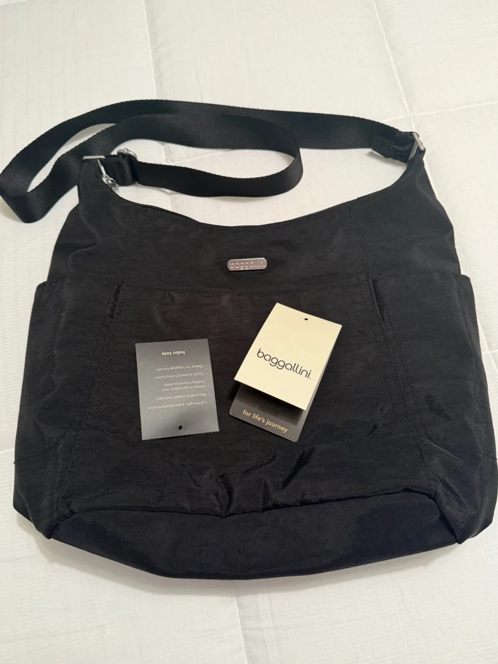 Baggallini Black/Tan Nylon Hobo Tote Bag with Adjustable Strap & Wristlet - NWT